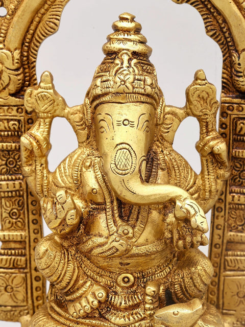 8" Chaturbhuja Lord Ganesha Seated on Kirtimukha Throne | Brass Statue