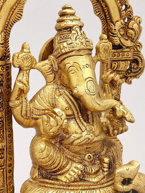 8" Chaturbhuja Lord Ganesha Seated on Kirtimukha Throne | Brass Statue