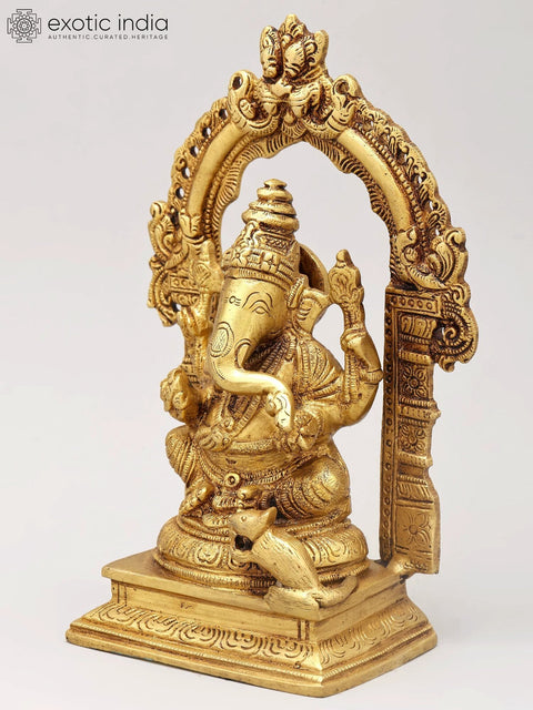 8" Chaturbhuja Lord Ganesha Seated on Kirtimukha Throne | Brass Statue