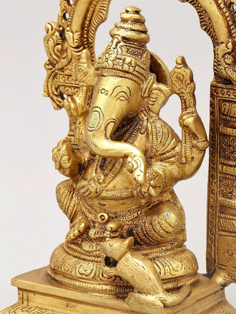 8" Chaturbhuja Lord Ganesha Seated on Kirtimukha Throne | Brass Statue