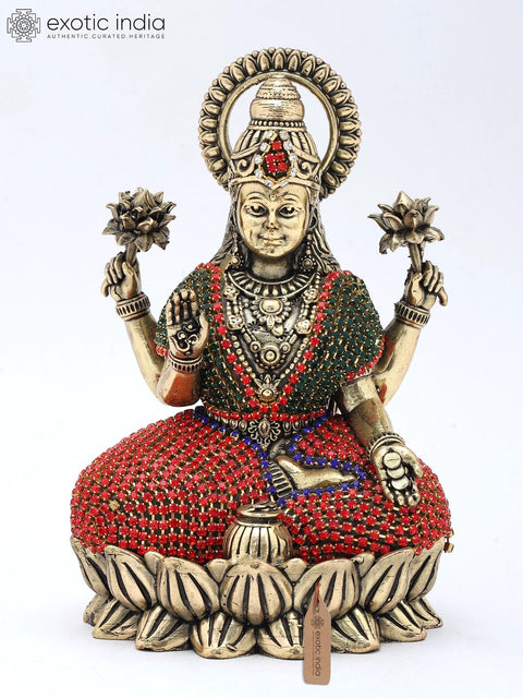 5" Small Four Armed Goddess Lakshmi Seated in Blessing Gesture | Copper Statue with Inlay Work