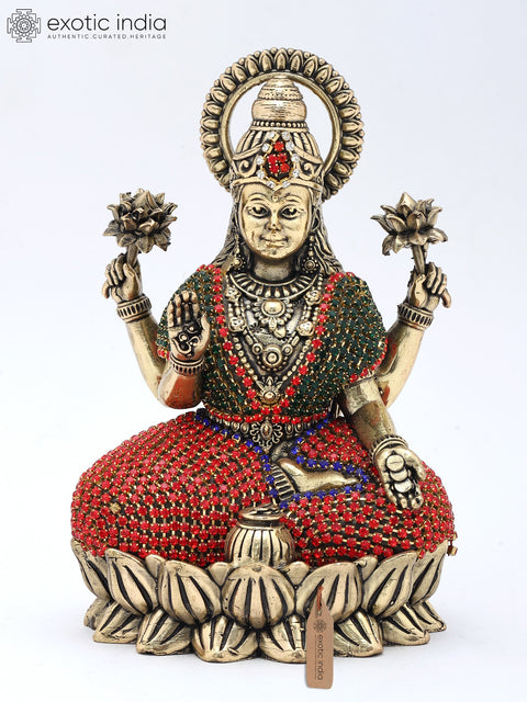 5" Small Four Armed Goddess Lakshmi Seated in Blessing Gesture | Copper Statue with Inlay Work