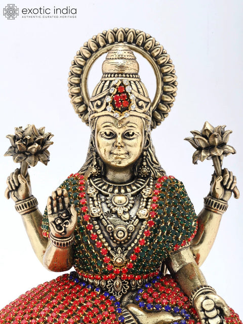 5" Small Four Armed Goddess Lakshmi Seated in Blessing Gesture | Copper Statue with Inlay Work