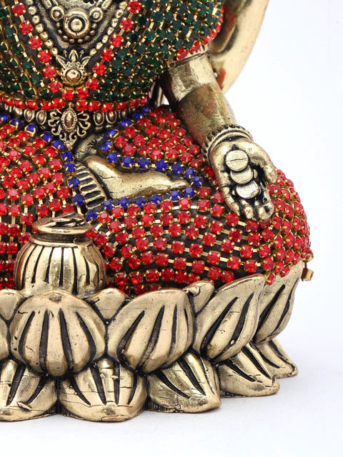 5" Small Four Armed Goddess Lakshmi Seated in Blessing Gesture | Copper Statue with Inlay Work