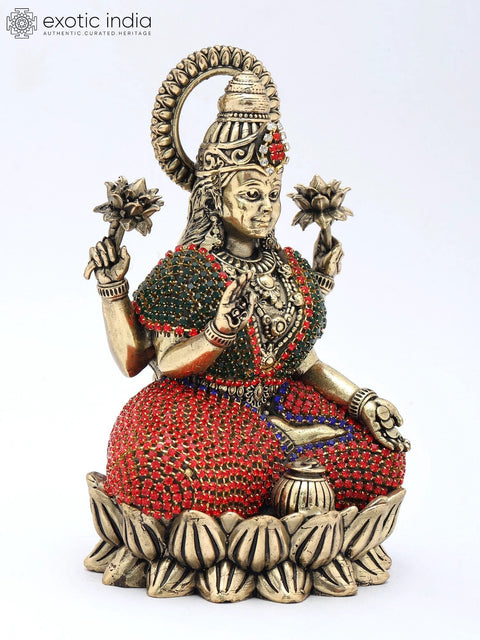 5" Small Four Armed Goddess Lakshmi Seated in Blessing Gesture | Copper Statue with Inlay Work