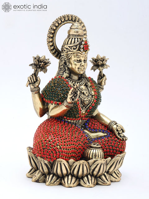 5" Small Four Armed Goddess Lakshmi Seated in Blessing Gesture | Copper Statue with Inlay Work