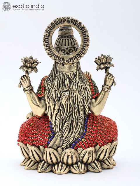 5" Small Four Armed Goddess Lakshmi Seated in Blessing Gesture | Copper Statue with Inlay Work