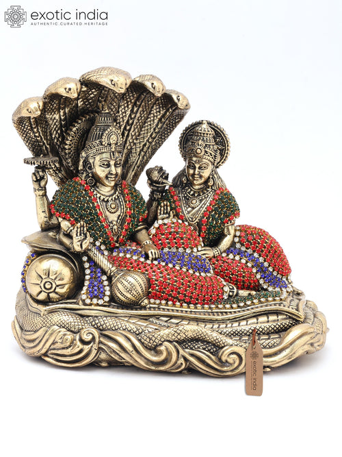 5" Sheshashayi Lord Vishnu with Lakshmi Copper Statue Inlay Work