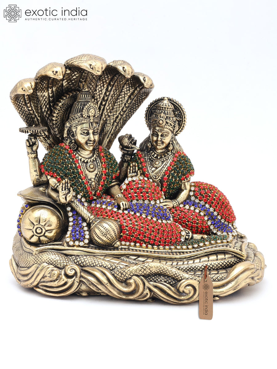 5" Sheshashayi Lord Vishnu with Lakshmi Copper Statue Inlay Work