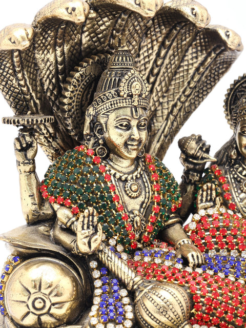 5" Small Sheshashayi Lord Vishnu Seated with Goddess Lakshmi | Copper Statue with Inlay Work