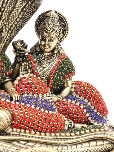 5" Small Sheshashayi Lord Vishnu Seated with Goddess Lakshmi | Copper Statue with Inlay Work