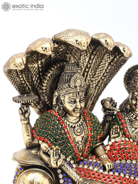 5" Small Sheshashayi Lord Vishnu Seated with Goddess Lakshmi | Copper Statue with Inlay Work