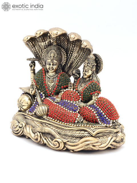 5" Small Sheshashayi Lord Vishnu Seated with Goddess Lakshmi | Copper Statue with Inlay Work