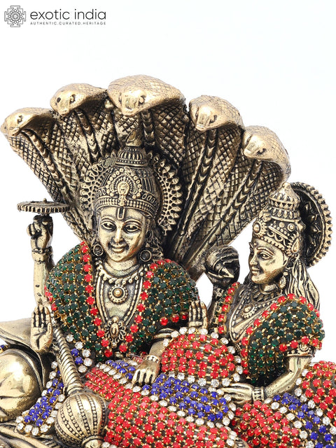 5" Small Sheshashayi Lord Vishnu Seated with Goddess Lakshmi | Copper Statue with Inlay Work