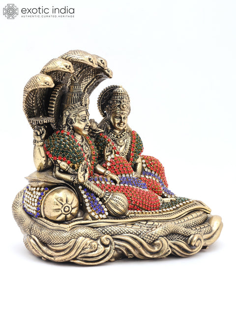 5" Small Sheshashayi Lord Vishnu Seated with Goddess Lakshmi | Copper Statue with Inlay Work