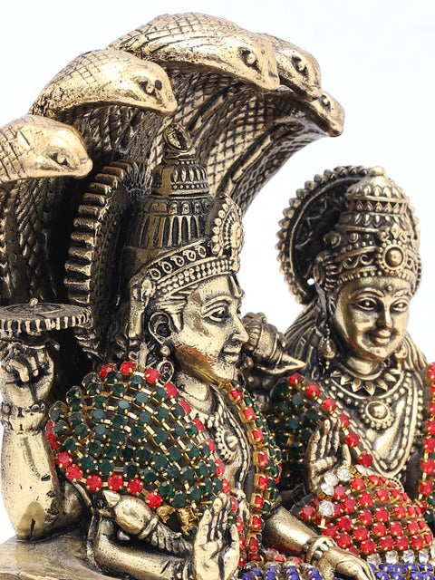 5" Small Sheshashayi Lord Vishnu Seated with Goddess Lakshmi | Copper Statue with Inlay Work