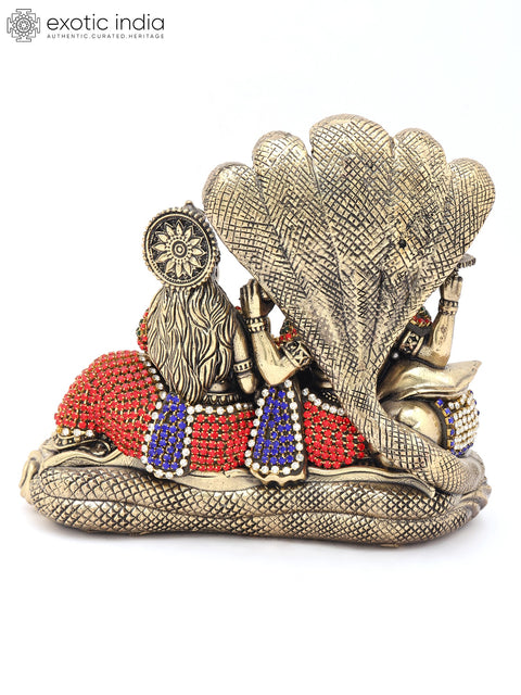 5" Small Sheshashayi Lord Vishnu Seated with Goddess Lakshmi | Copper Statue with Inlay Work