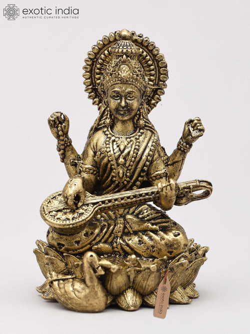 Small Goddess Saraswati Seated on Lotus with Veena Copper Statue