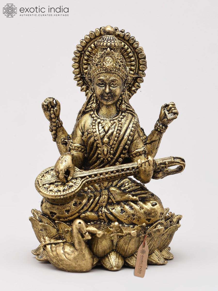 Small Goddess Saraswati Seated on Lotus with Veena Copper Statue