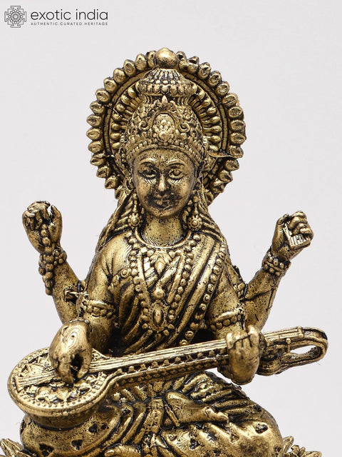 Small Goddess Saraswati Seated on Lotus with Veena | Copper Statue | Made in India