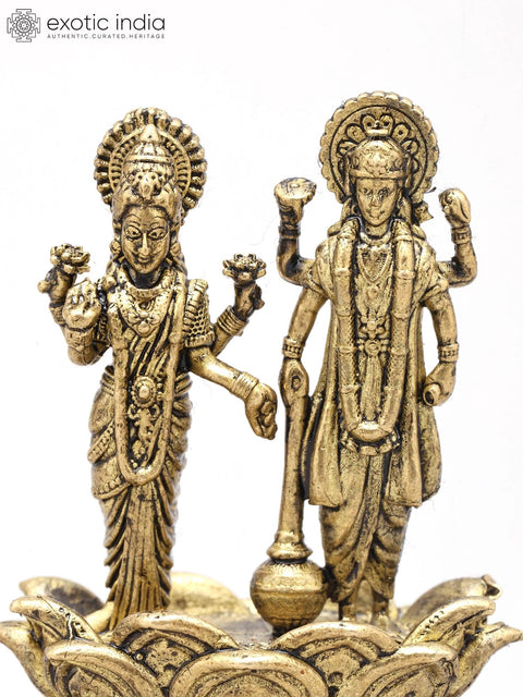 Small Lord Vishnu and Goddess Lakshmi Standing on Lotus (Lakshmi-Narayan) | Copper Statue | Made in India