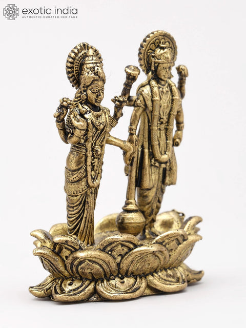 Small Lord Vishnu and Goddess Lakshmi Standing on Lotus (Lakshmi-Narayan) | Copper Statue | Made in India