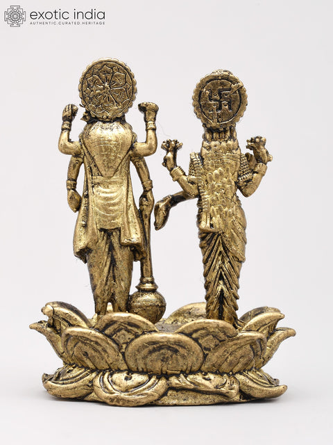 Small Lord Vishnu and Goddess Lakshmi Standing on Lotus (Lakshmi-Narayan) | Copper Statue | Made in India