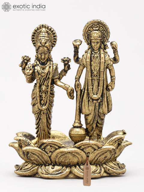 Small Lord Vishnu and Goddess Lakshmi Standing on Lotus (Lakshmi-Narayan) | Copper Statue | Made in India