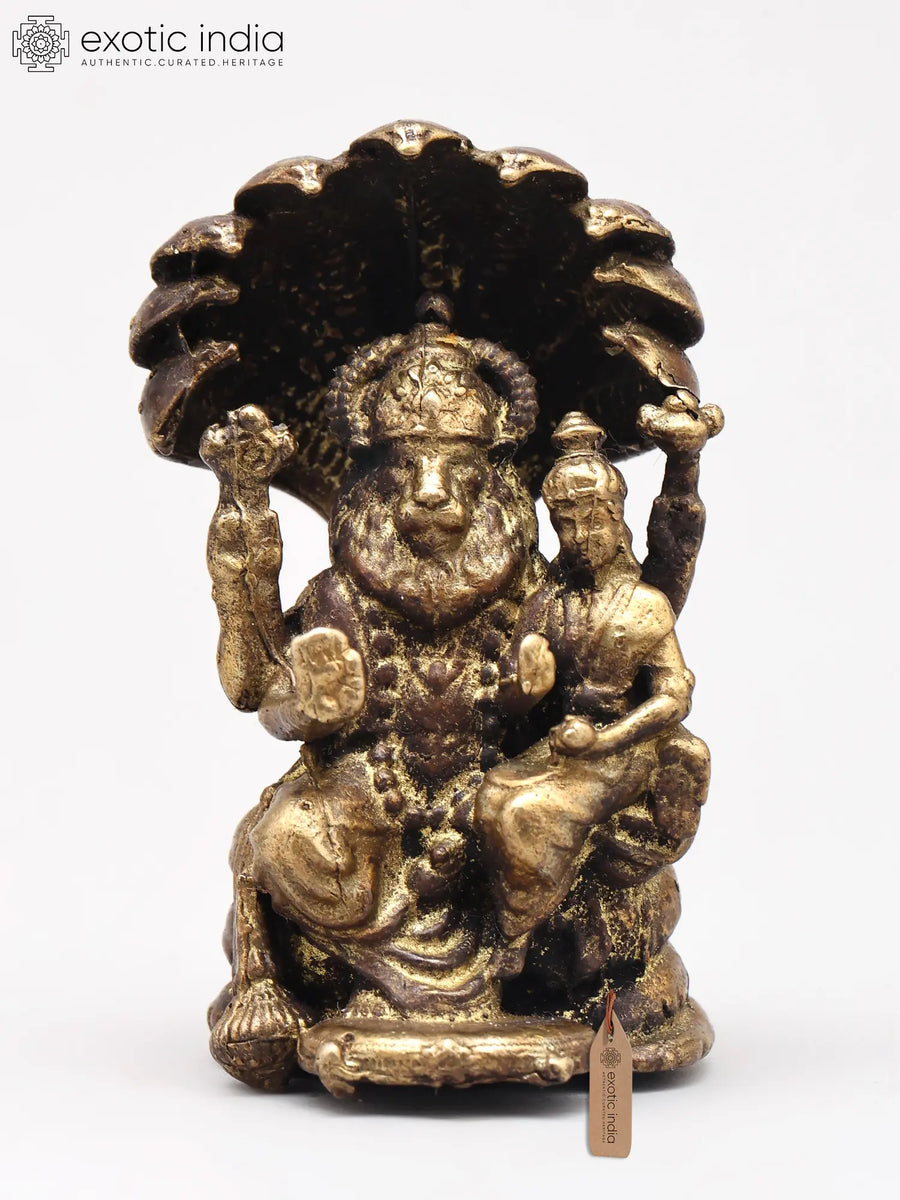 Small Seated Narasimha and Lakshmi Copper Statue for Pooja