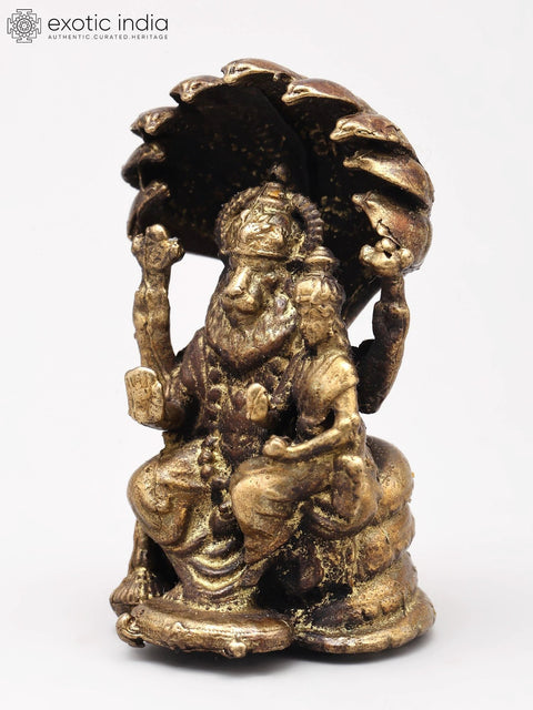 Small Seated Lord Narasimha and Goddess Lakshmi | Copper Statue | Made in India