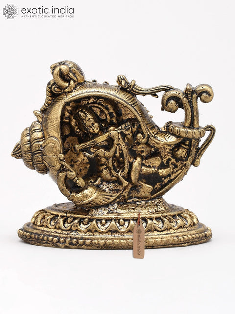 Small Divine Lord Krishna Playing Flute Inside Conch (Shankh) | Copper Statue | Made in India
