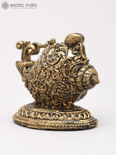 Small Divine Lord Krishna Playing Flute Inside Conch (Shankh) | Copper Statue | Made in India