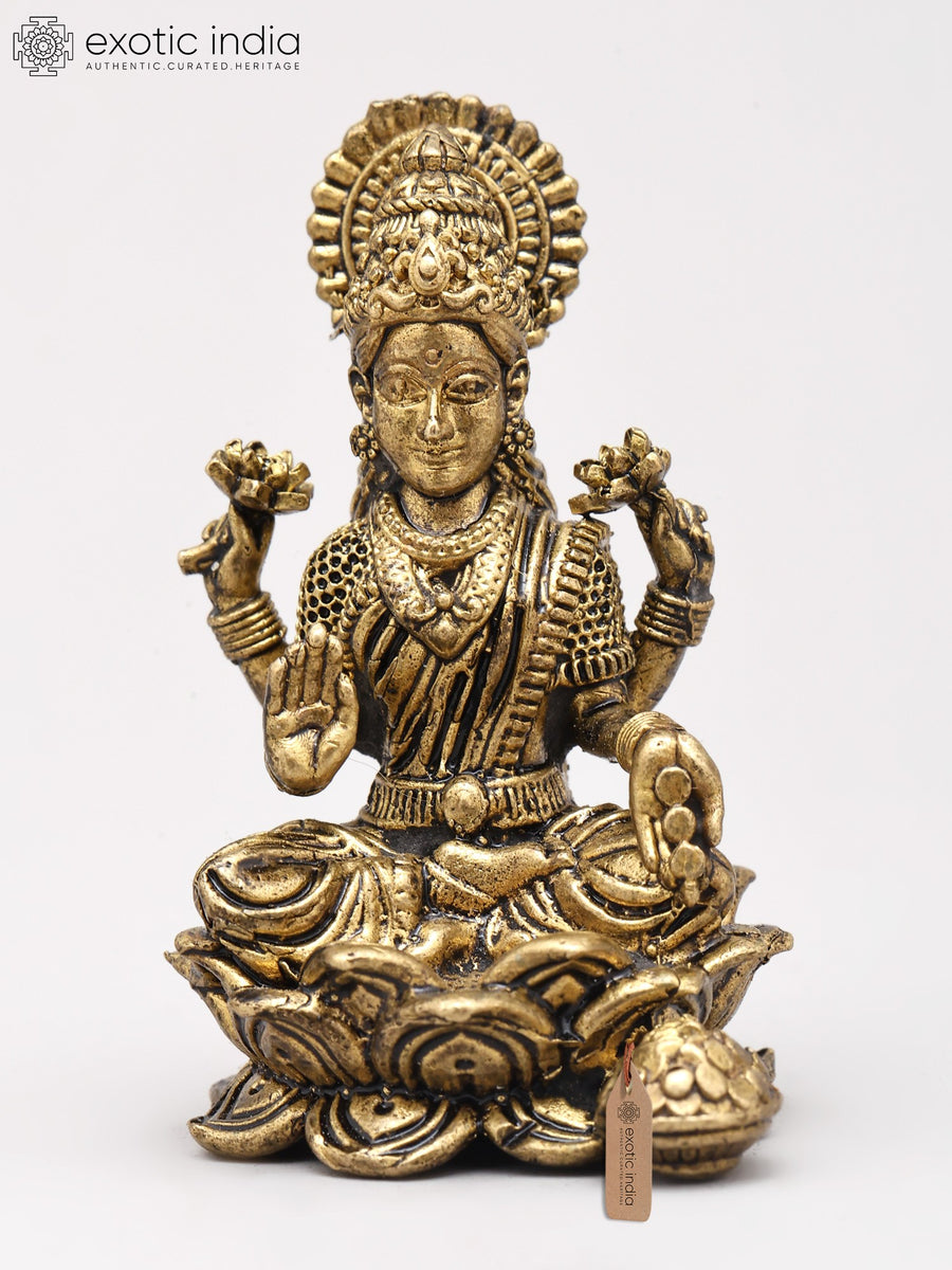 Small Goddess Dhanalakshmi Handmade Copper Idol on Lotus Statue