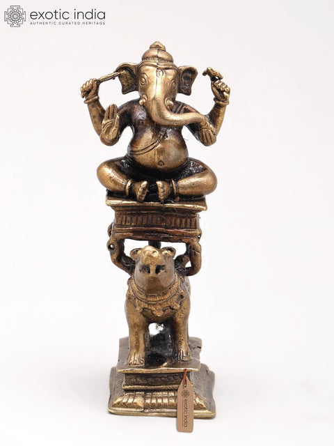 4" Small Lord Ganesha Seated on Mushak - Symbol of Strength and Wisdom