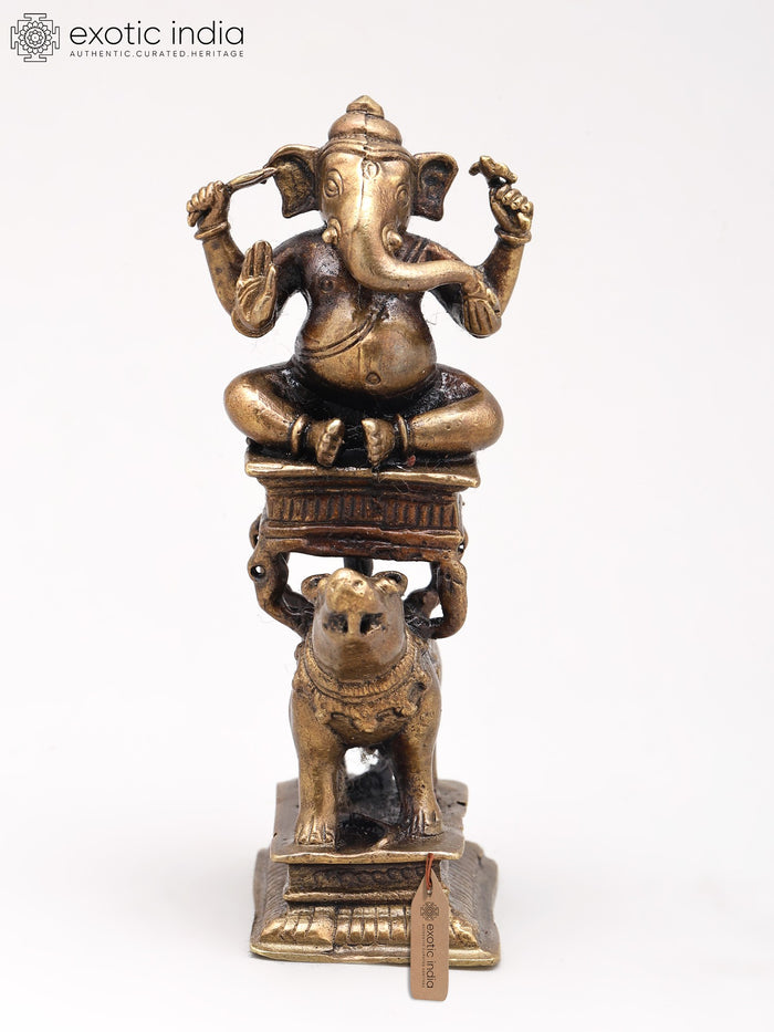 4" Brass Lord Ganesha Seated on Mushak Statue
