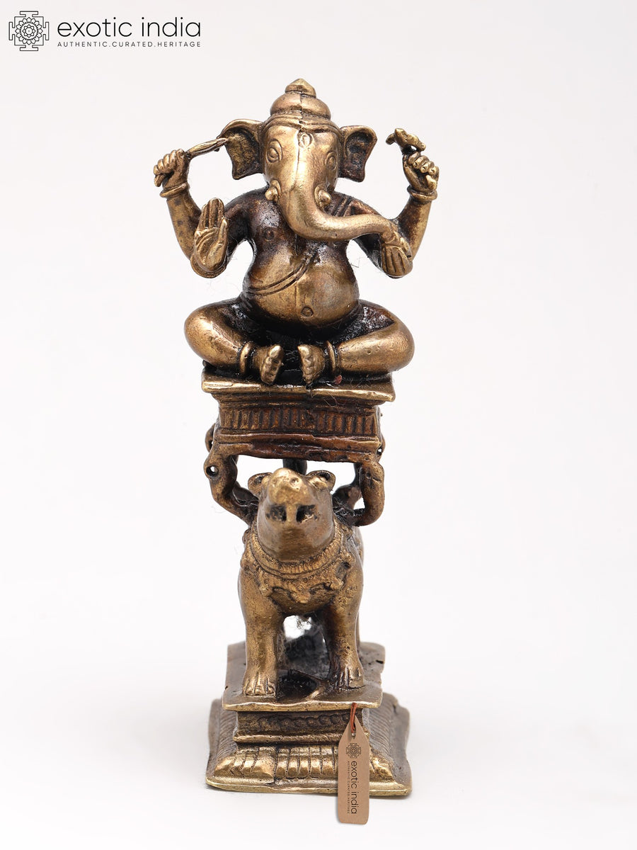4" Brass Lord Ganesha Seated on Mushak Statue