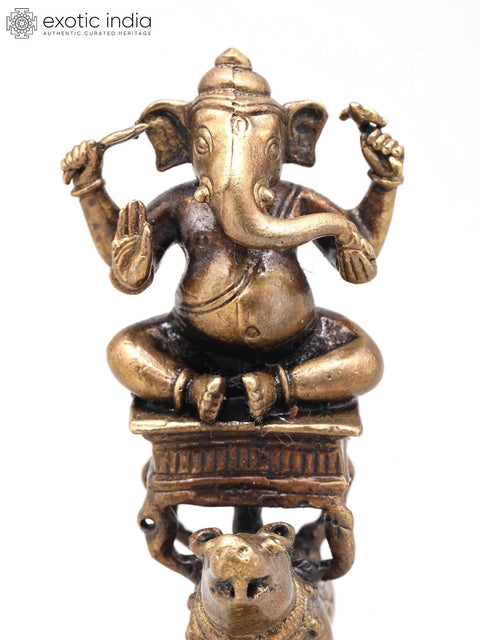 4" Small Lord Ganesha Seated on Mushak - Symbol of Strength and Wisdom