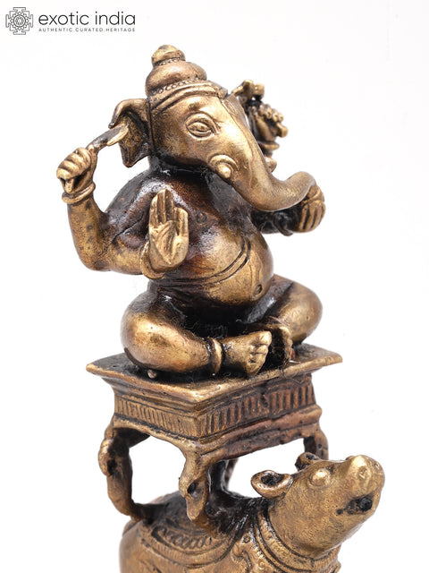 4" Small Lord Ganesha Seated on Mushak - Symbol of Strength and Wisdom