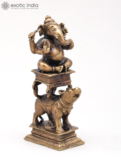 4" Small Lord Ganesha Seated on Mushak - Symbol of Strength and Wisdom