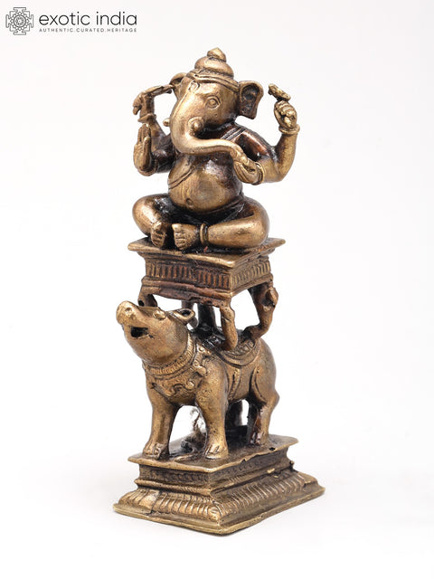 4" Small Lord Ganesha Seated on Mushak - Symbol of Strength and Wisdom