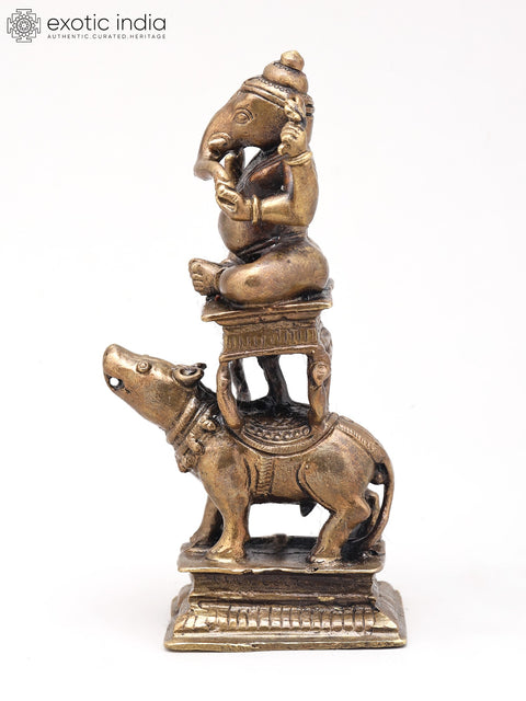 4" Small Lord Ganesha Seated on Mushak - Symbol of Strength and Wisdom