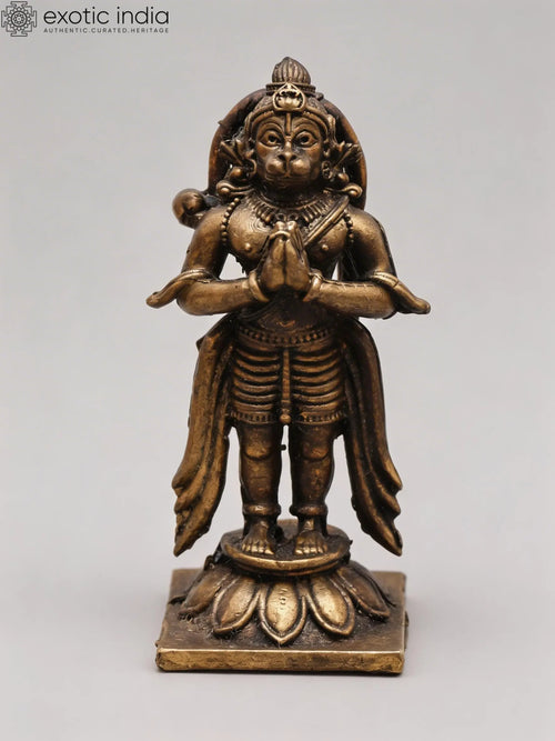 3" Copper Lord Hanuman Standing on Lotus Namaskar Mudra Statue