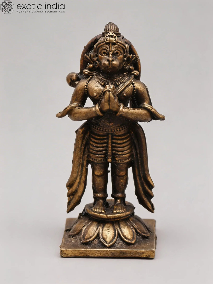 3" Copper Lord Hanuman Standing on Lotus Namaskar Mudra Statue