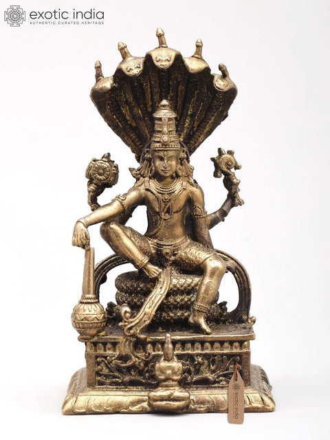 3" Small Four Armed Lord Vishnu Seated on Sheshnag Throne | Handmade | Copper Statue
