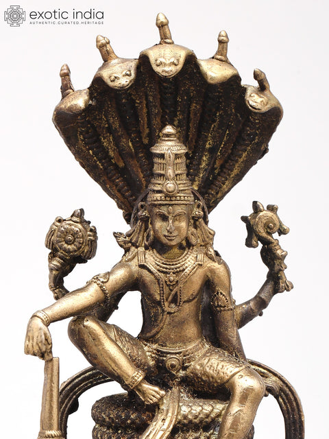 3" Small Four Armed Lord Vishnu Seated on Sheshnag Throne | Handmade | Copper Statue