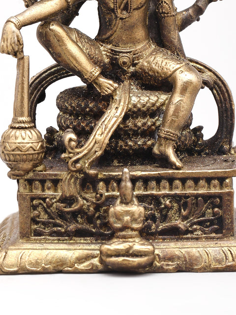 3" Small Four Armed Lord Vishnu Seated on Sheshnag Throne | Handmade | Copper Statue
