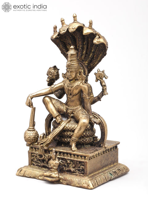 3" Small Four Armed Lord Vishnu Seated on Sheshnag Throne | Handmade | Copper Statue