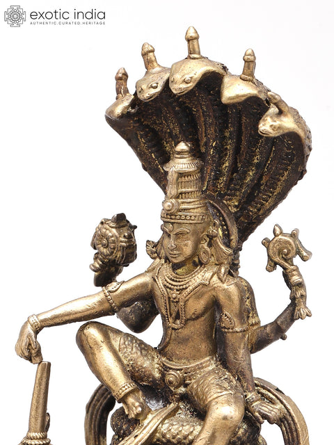 3" Small Four Armed Lord Vishnu Seated on Sheshnag Throne | Handmade | Copper Statue