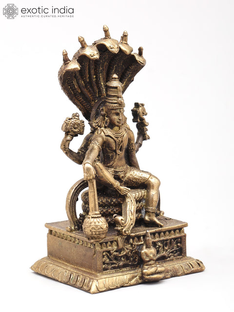 3" Small Four Armed Lord Vishnu Seated on Sheshnag Throne | Handmade | Copper Statue