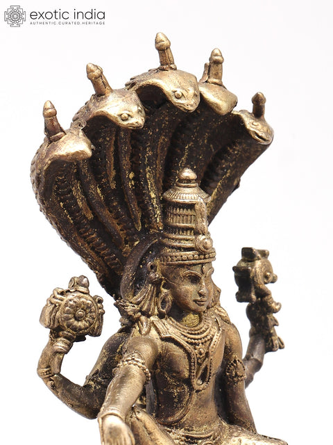 3" Small Four Armed Lord Vishnu Seated on Sheshnag Throne | Handmade | Copper Statue